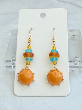 Handmade - Dangle Drop Earrings Gold-Tone with Orange and Blue Glass Beads